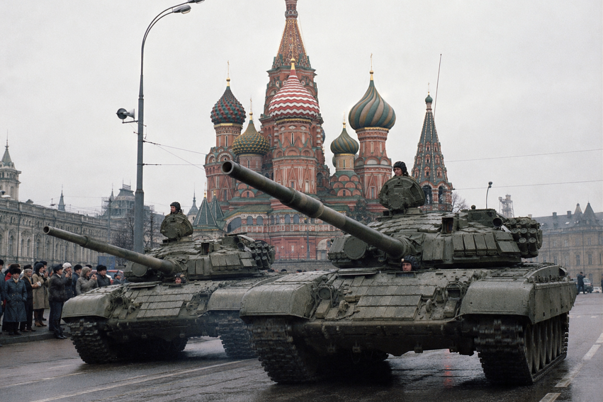 Russian coup 1991 tanks drive into Moscow